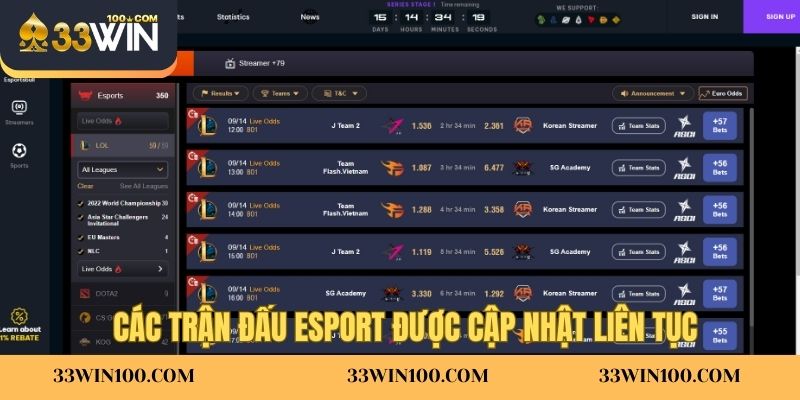Các trận đấu Esport được cập nhật liên tục